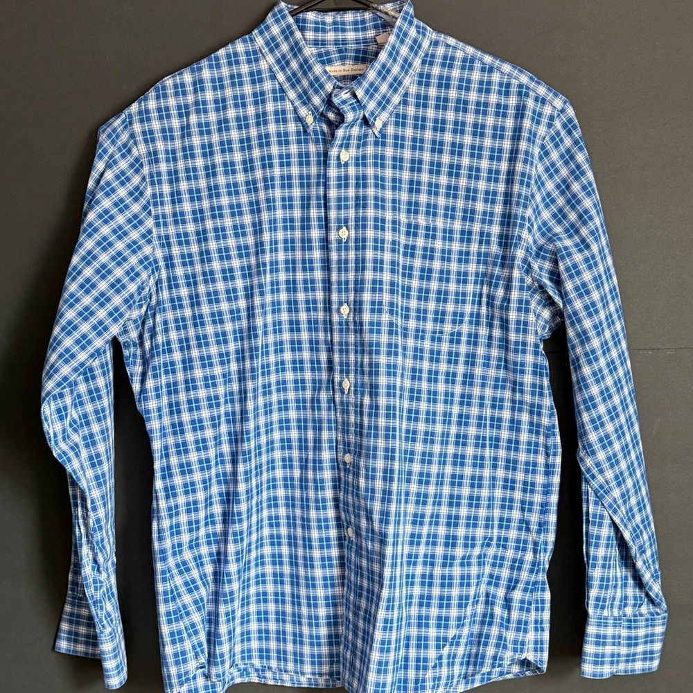 Made in New England Men's XL Blue Plaid Cotton Blend Button-Down Shirt